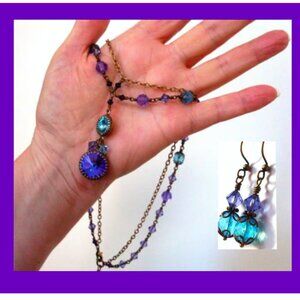Solid Brass & Swarovski Crystal Necklace w/ Matching Earrings
